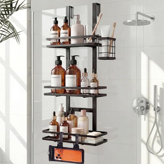 Over the Door Shower Caddy Hanging, Rustproof Shower Shelves with Waterproof Phone Pouch, 3-Tier Adjustable Bathroom Organizers and Storage, No Drilling Shower Shelf, Black Shampoo Soap Holder