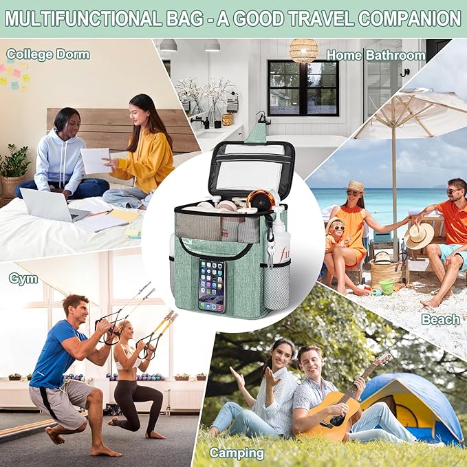 Attmu Shower Caddy Portable for Dorm Room Essentials, Hanging Shower Bag for College, Large Capacity Mesh Shower Caddy for Bath Essentials (Dusty Green)