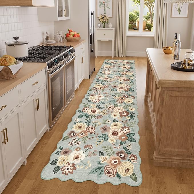 DUKINO 2x8 Washable Runner Rug, Soft Floral Hallway Rug Runner with Low Pile Design, Non Shedding & Non Slip Backing Thin Indoor Carpet for Bedroom, Bathroom, Entrance, Kitchen, Sage Green