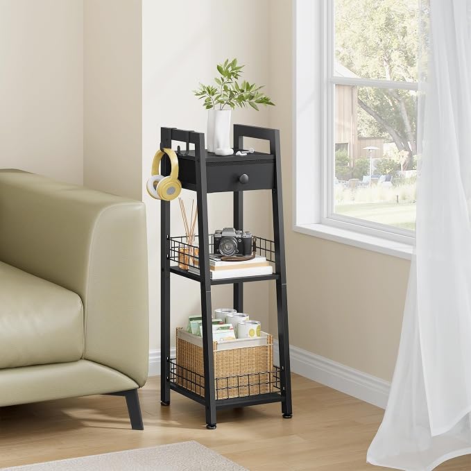 Gewudraw 3-Tier Narrow Ladder Shelf with Drawer, Bathroom Table Stand for Small Space, Narrow Bathroom Standing Shelves with Storage for Living Room Bedroom Kitchen, Black