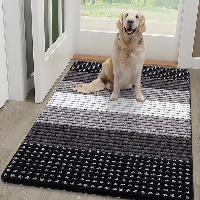 Kitinjoy Indoor Outdoor Door Mat, 48x30 Non-Slip Absorbent Dirt Trapper, Low-Profile Washable Inside Entrance Front Floor Mat, Sturdy Soft Entry Dotted Ombre Doormats for Entryway, Black