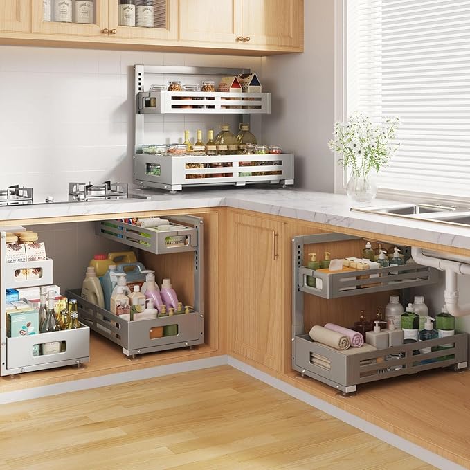 2 Pack 19IN-Depth Under Sink Organizer,Pull Out Cabinet Organizer With Smooth Cylindrical Rail,Metal Slide Out Drawer for Kitchen Bathroom Laundry,8-Level Tool Free Height Adjustable-Gun Gray