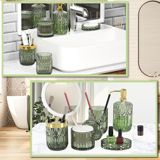 QIQU Green Glass Bathroom Accessories Set 5 Pcs, Green Bathroom Set, Soap Dispenser and Toothbrush Holder Set, Qtip Holder Set, Vintage Bathroom Sink Set, Cute Bathroom Decor