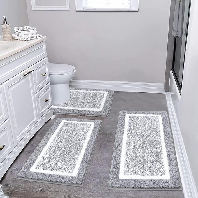 Pauwer Bathroom Rug Sets - 3 Piece Shower Mats with U-Shaped Contour Toilet Mat, Absorbent Microfiber Plush Bath Mats, Non Slip, Machine Washable Shaggy Floor Mats