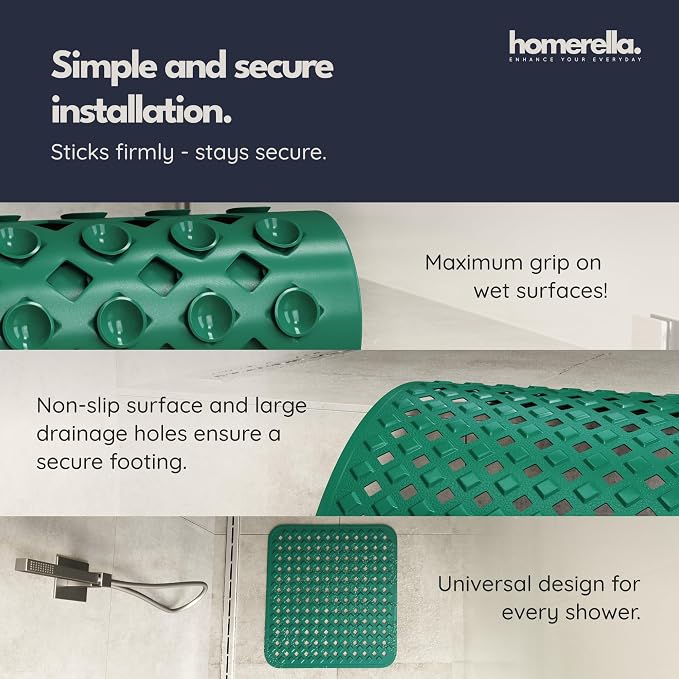 homerella® Shower Mat Non Slip Anti Mold, Non Slip Shower Mats for Inside Shower Stall Anti Slip Mat, Square Shower Floor Mat 21 x 21 in with Suction Cups & Hooks for Quick Drying, Machine Washable