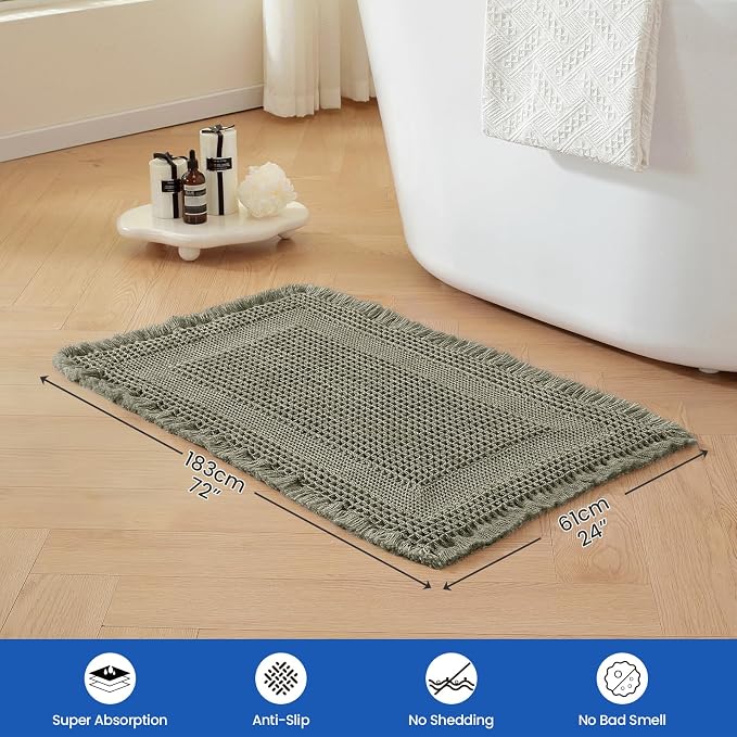 Waffle Bath Mat - Non Slip Bathroom Rugs - Washable Super Absorbent & Quick Dry Bath Mats with Tassels for Hallway Bedroom Laundry Room,24" x 72",Olive Green