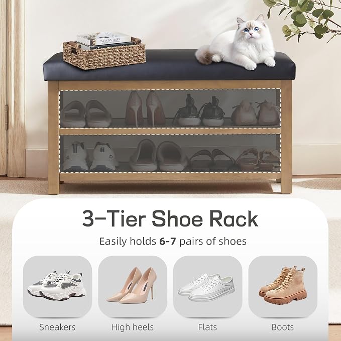 Zihanhome Shoe Rack Bench with Leather Cushion, 2 Tier Solid Wood Storage Bench, Mid-Century Modern Shoe Bench for Entryway, Hallway, Closet, Front Door Entrance, Foyer (Black, 31.5)