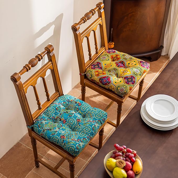 vctops Boho Geometric Chair Cushions with Ties U-Shaped Soft Cozy Cotton Linen Chair Pads Non Slip Seat Cushions for Indoor Dining Room and Kitchen Chairs (Yellow,18"x18")