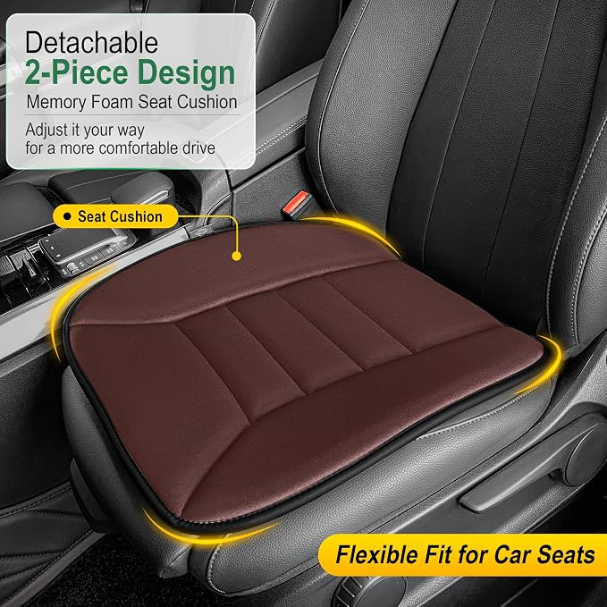 kingphenix 3-Piece Car Seat Cushion Set, 1.2inch Memory Foam Comfort, 2 Front Automotive Seat Cushions + Rear Bench Cushion, Non-Slip Bottom, Fits Sedan SUV Truck Van, Car & Office Chair, Brown