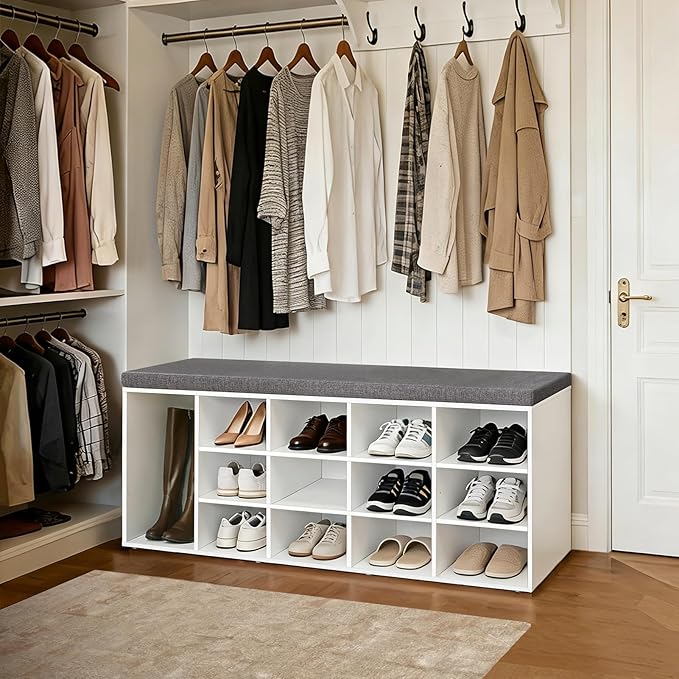 DINZI LVJ Shoe Storage Bench with Cushion, 15-Cubby Shoe Rack, Adjustable Shelves, Long Shoe Organizer Bench for Entryway, Mudroom, Hallway, Living Room, Bedroom and Garage, White