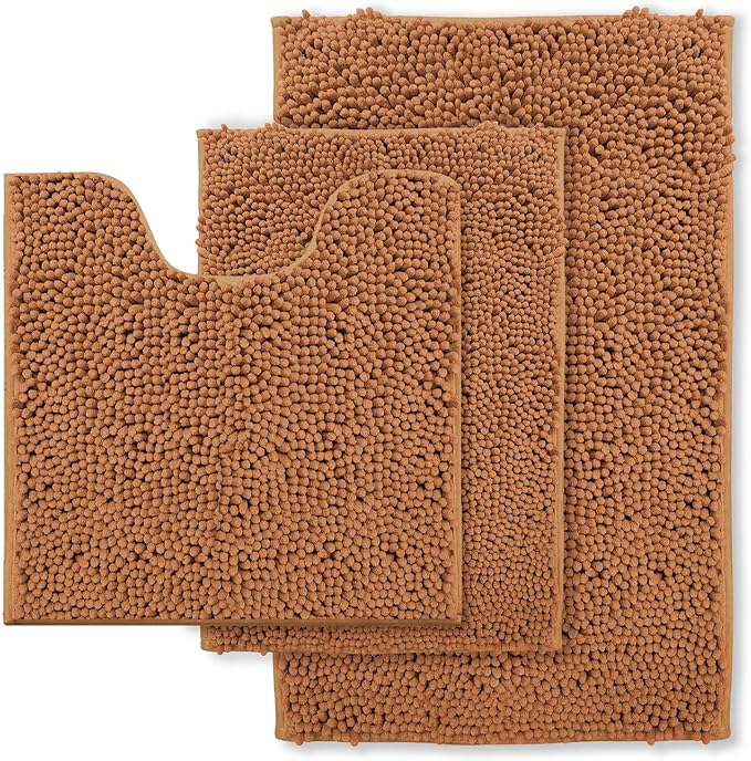 Bathroom Rugs Sets 3 Piece Non Slip Extra Absorbent Shaggy Chenille Batroom Rugs and Mats Sets, Soft & Dry Bath Rug/Mat Sets for Batroom Washable Carpets