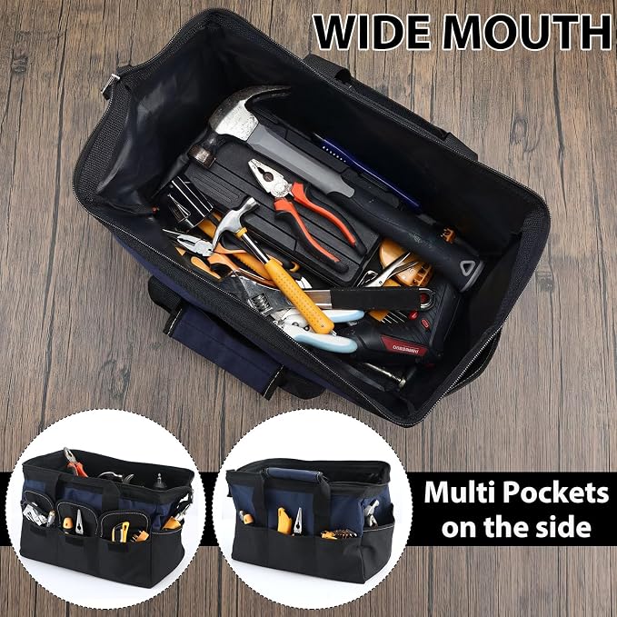 Sanwuta 3 Pack Tool Bag for Men with Waterproof Hard Bottom, Heavy Duty Tool Bag Wide Mouth Tote for Various Instrument, Electrician Carpenter Mechanic (Blue, Red, Yellow,16 Inch,Side Pockets)