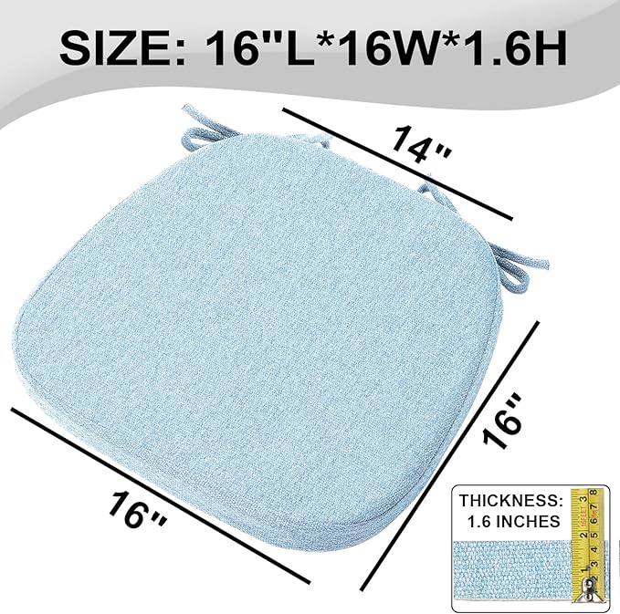 SINOSSO 4 Pack Memory Foam Chair Cushions for Dining Chairs, Friendly Woven Fabric 16" U-Shape Comfortable Kitchen Chair Pads, Removable Slip Resistant Seat Cushions (Set of 4, Water Blue)