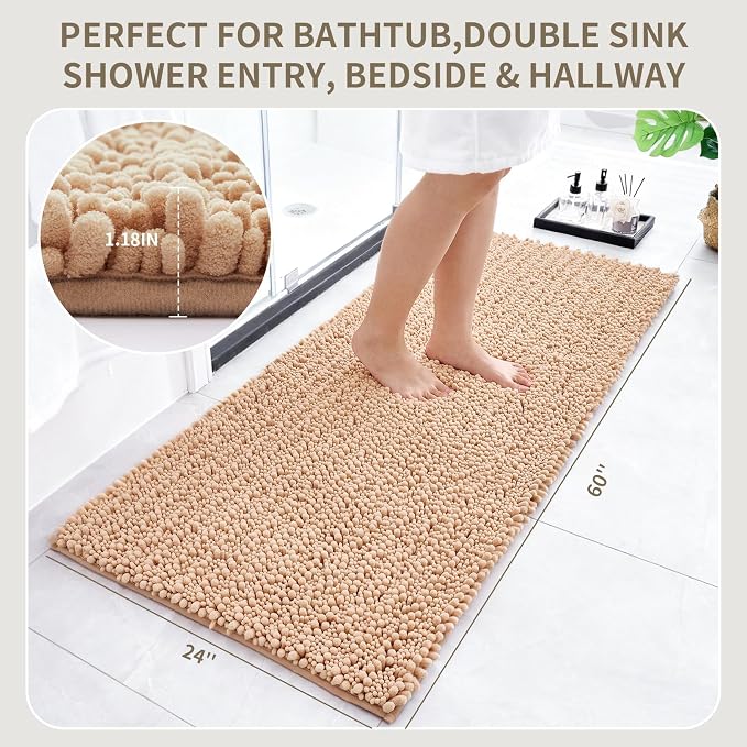 Bathroom Rugs Non Slip Washable 60x24, Extra Thick Soft Chenille Absorbent Bath Mat, High Density Barrier Non Slip Backing, Quick Dry Plush Shaggy Floor Carpet for Tub&Shower, Beige