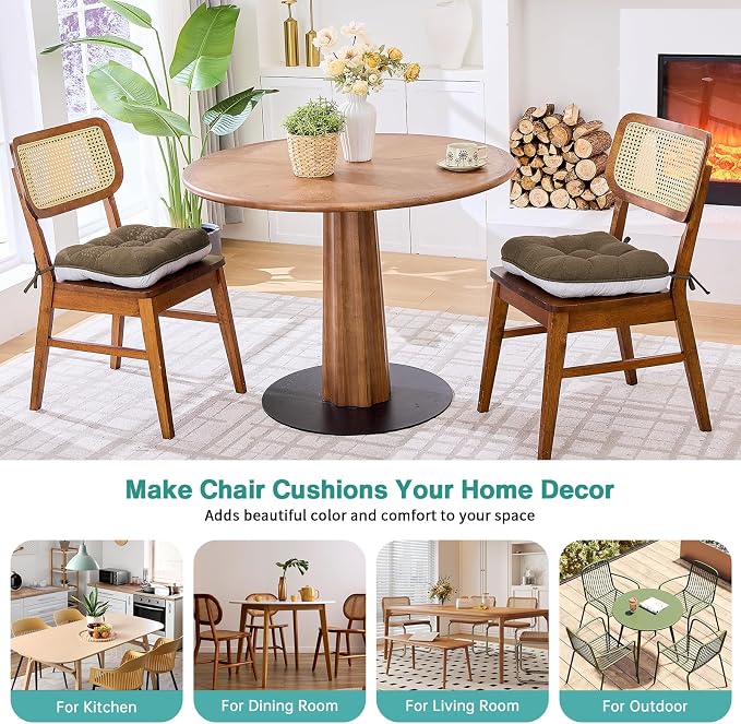 BETU Chair Cushions for Dining Chairs Set of 2,3.5" Thick Kitchen Table Chair Pads with Ties,Non Slip Backing and Covers, Seat Cushion for Dining Room,Bar,Patio Chairs,15.5"X15.5"X3.5",Brown
