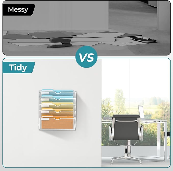 SUPEASY 5 Tier Wall File Organizer, Hanging Wall Mounted Mail Organizer with Label Slots, Metal Mesh File Holder Magazine Rack for Office, Home, School or Classroom, White