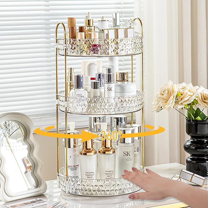 Rotating Makeup Organizer for Vanity, 3 Tier Perfume Skincare Storage for Women, Bathroom Counter Organizer, 360° Spinning Cosmetic Holder for Dresser Countertop, Clear