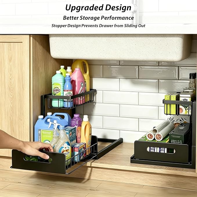 2 Pack Upgraded Under Sink Organizer, 2 Tier Pull out Kitchen Cabinet Organizer Metal Slide out Bathroom Organizers and Storage Makeup Drawer Organizer for Office Bedroom Restroom Living Room, L-Black