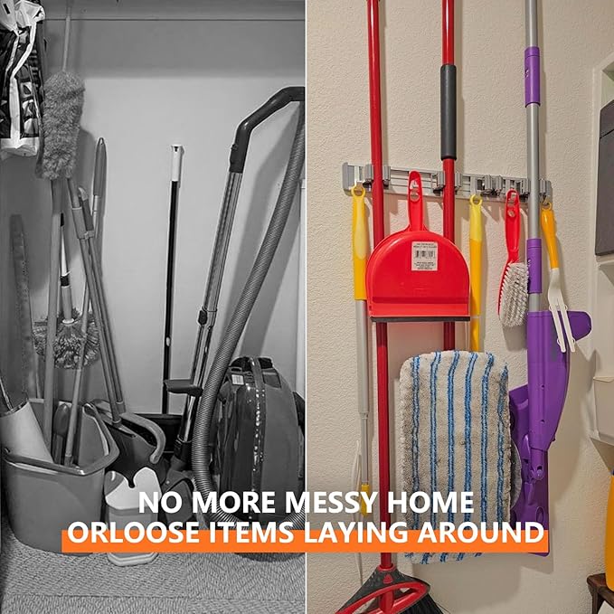 reliahom Broom Holder Wall Mount, 5 Racks with 4 Hooks Silver - Mop Storage Tool Racks, Broom Hanger Tool Organizer for Garage, Kitchen, Garden, Laundry Room