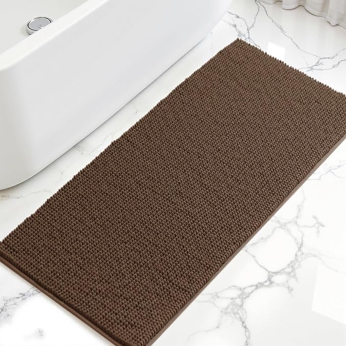 SUBRTEX Bathroom Rugs, 24" x 55" Chenille Bath Rug Soft Short Plush Bath Mat Soft Shower Mat Water Absorbent Shower Mat Quick Dry Machine Washable, Brown
