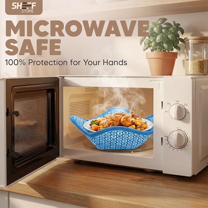 Sheff Microwave Bowl Cozy Holders Set of 4 - Durable and Reliable for Hot and Cold Plates and Dishes - Ideal Household Gift (Blue and White, 7 inch)