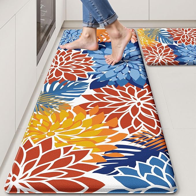 Arenarug Kitchen Mats for Floor 2PCS Cushioned Anti Fatigue Kitchen Mats Waterproof Non Slip Kitchen Mat Rug Set Comfort Foam Standing Mat for Sink, Laundry, Office,17.3" x 28" + 17.3" x 59", Red Blue