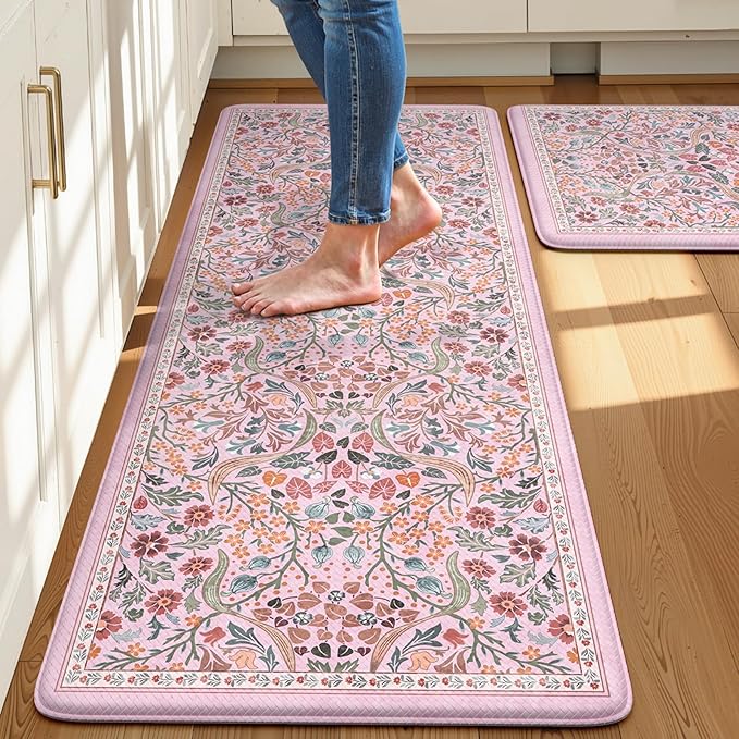 Collive Kitchen Mats Cushioned Anti Fatigue, Waterproof Kitchen Floor Mat Non Slip Desk Rugs Comfort Standing Rug for Sink, Office, Laundry, Home Decor, Pink