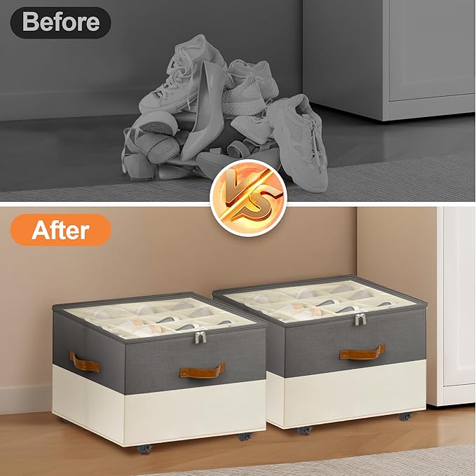 Shoe Organizer for Closet, 2 Pack Shoe Storage Organizer with Wheels and Adjustable Dividers, Stackable Shoe Storage Box with Clear Cover, Closet Shoe Organizer Fits up to 16-32 Pairs, Gray and Beige