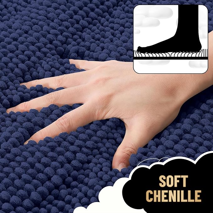 OLANLY Thick Bathroom Rugs 36x24, Extra Absorbent Chenille Striped Bath Rugs, Rubber Backing, Machine Wash Dry, Bath Mats for Bathroom Floor, Tub and Shower, Home Decor Accessories, Twilight Sapphire