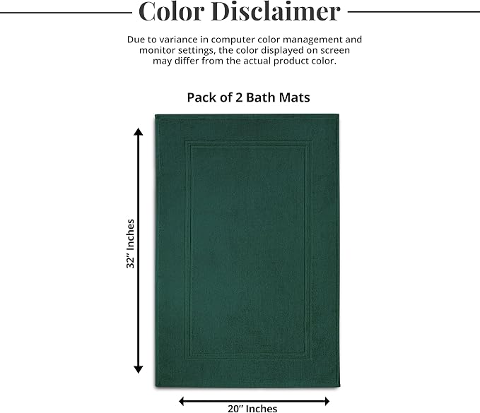 Tens Towels Pack of 2 Bath Mats 100% Cotton, 20 x 32 Inches, Super Absorbent, Hotel Quality Premium Floor Towels, Luxurious, Soft & Quick Dry, Not a Bathroom Rug (Hunter Green)