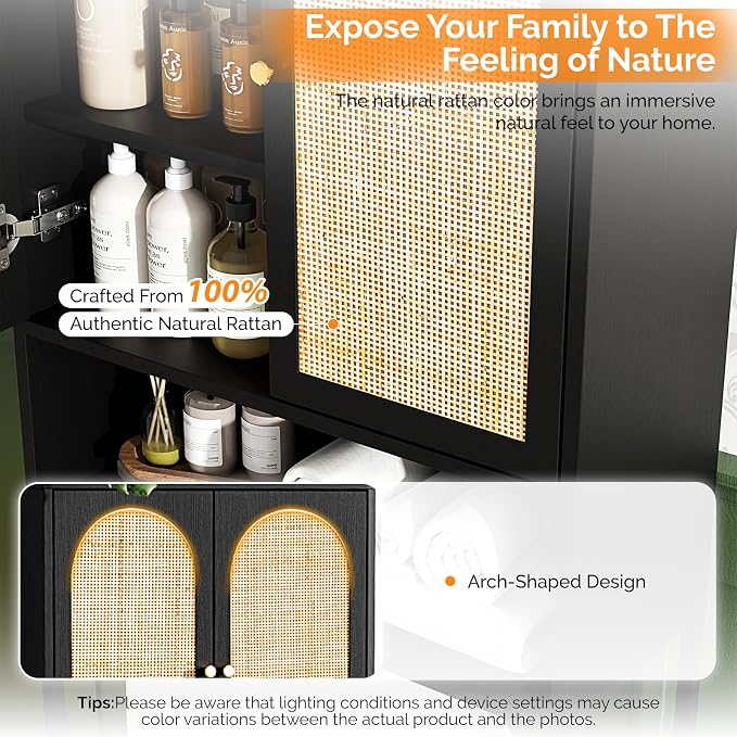 VINGLI Over The Toilet Storage Cabinet, Black Rattan Bathroom Organizer Over Toilet with Adjustable Shelf, Freestanding Space Saver Stand with Soft-Close Doors for Restroom Laundry, Boho Modern