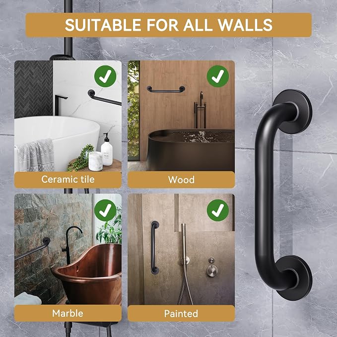AmazerBath Shower Grab Bars for Seniors Anti Slip, Bath Safety Grab Bar for Needy, Stainless Steel Bathroom Safety Grab Bars, Thickened Bar Bigger Base Holds 500LBS, 12" L x 1.25" D, Black