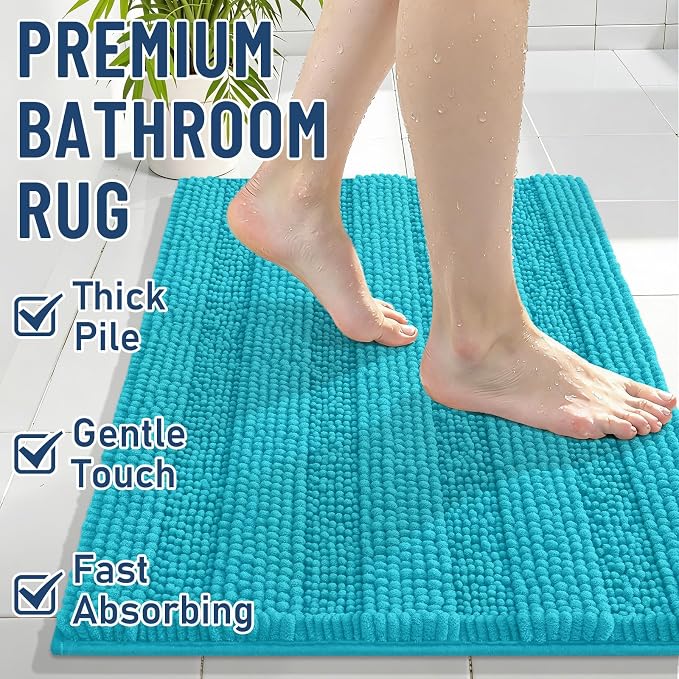 Grandaily Chenille Striped Bathroom Rugs 36x24, Extra Thick and Soft Absorbent Bath Mats, Rubber Backing, Plush Shaggy Shower Carpet, Machine Wash Dry, Bath Rug for Bathroom, Aqua Sky
