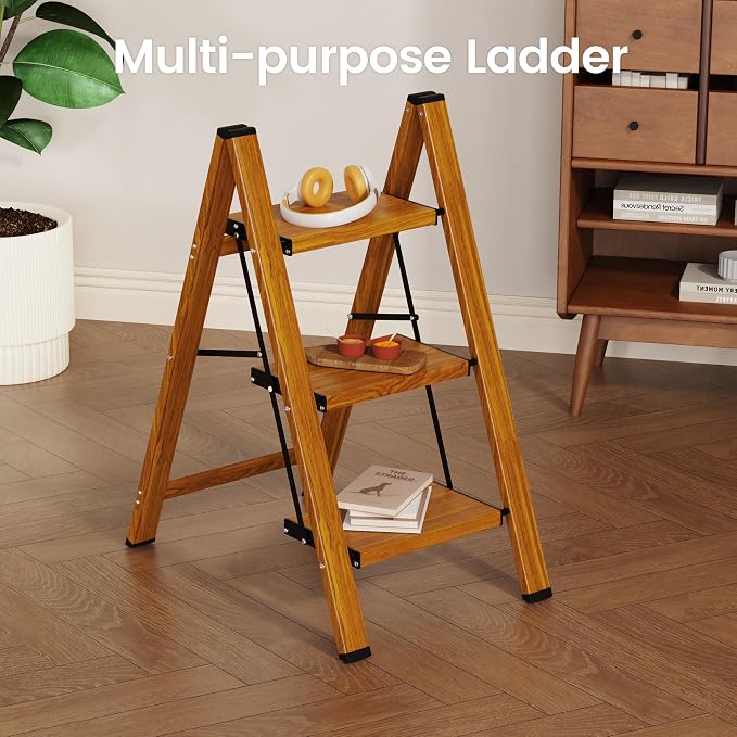 HBTower Step Ladder,Lightweight Aluminum Folding Step Stool with Anti-Slip Wide Pedal,330lbs Capacity Step Ladder for Household,Kitchen,Office - Woodgrain
