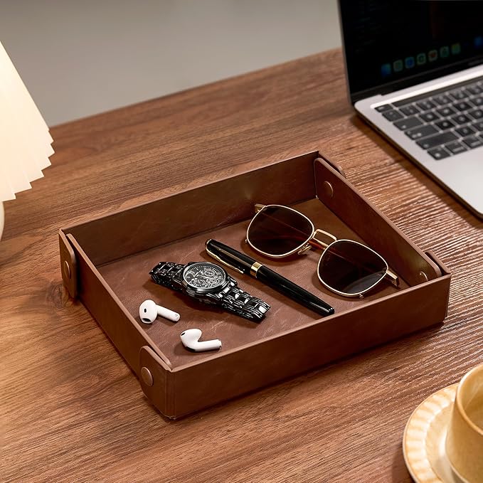 Catch All Valet Tray - EDC Organizer for Key, Wallet, Watch, Jewelry, Phone, coin change | Faux Leather Storage Tray for Dresser, Nightstand, Desk, Entryway, Travel Storage | Brown