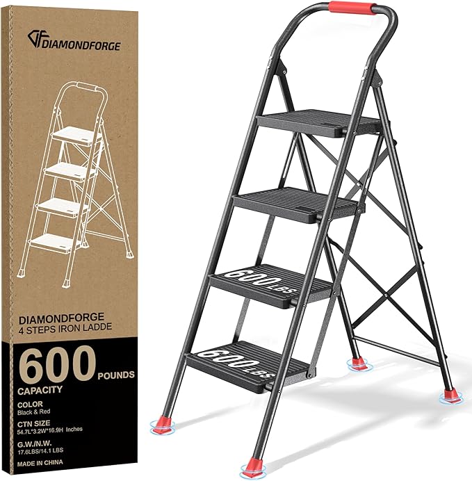 4 Step Ladder Stool Foldable with Handrails for Adults, Heavy Duty 4 Stepping Extension Tall Folding Ladder, Closet Stepstool Stair Ladders Extendable Stepladder for Indoor House Home Kitchen, 600LBS