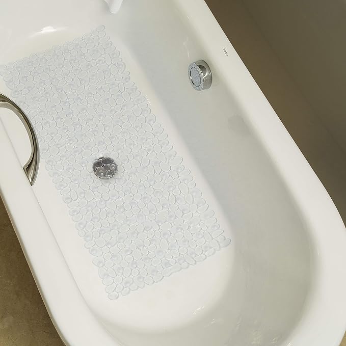 WELTRXE Non Slip Bath Mat Pebbles Bathtub Mat with Suction Cups, Drain Holes for Bathroom Showers, Tub, 35 x 16 Inches Machine Washable Bathroom Mats BPA, Latex Free Safe Shower Mats - Clear