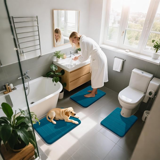 Yimobra Memory Foam Bath Mat Set 3 Pieces- Super Soft Absorbent Quick Dry Bathroom Rug Sets, Machine Washable Non Slip Floor Carpet for Tub Shower, Vanity & Toilet Base, Peacock Blue