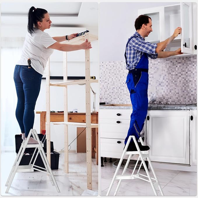 2 Step Ladder, Folding Step Stool with Anti-Slip Wide Pedal, Anti-Slip Feet, Sturdiest Steel Construction, 330lbs Capacity Steel Ladder for Home and Office, White