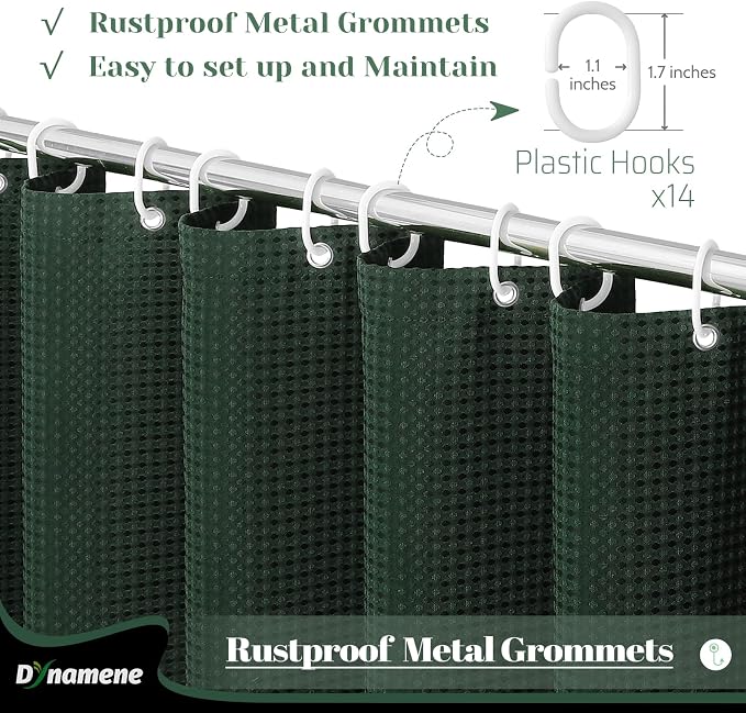 Dynamene Extra Wide Shower Curtain - 84 Inch Wide Waffle Weave Weighted Thick Cloth Bathroom Shower Curtain, Neutral Heavy Duty Hotel Bath Curtain Set with 14 Plastic Hooks, 84x72, Dark Green