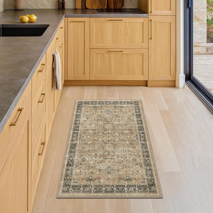 Hazo Haus Washable 2x3 Entry Rug Front Door Indoor, Bohemian Kitchen Floor Rug, Non-Slip & Stain Resistant, Vintage Desert Taupe Sage Farmhouse Floral Décor