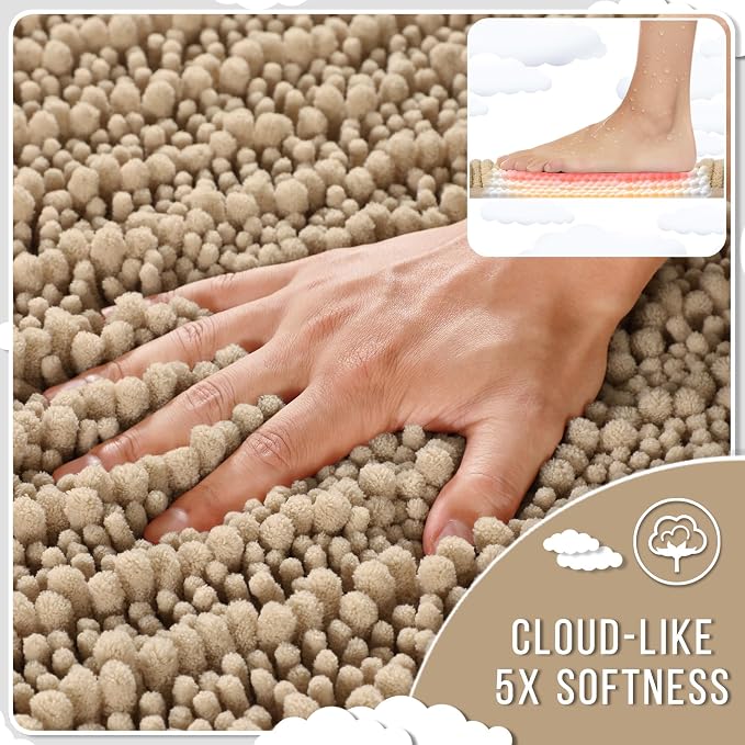 Yimobra Bathroom Rugs Non Slip Washable 32x20 Inch - Ultra Soft Absorbent Chenille Bath Mat, Quick Dry Shaggy Floor Carpet for Tub Shower, Camel Home Decor Accessories