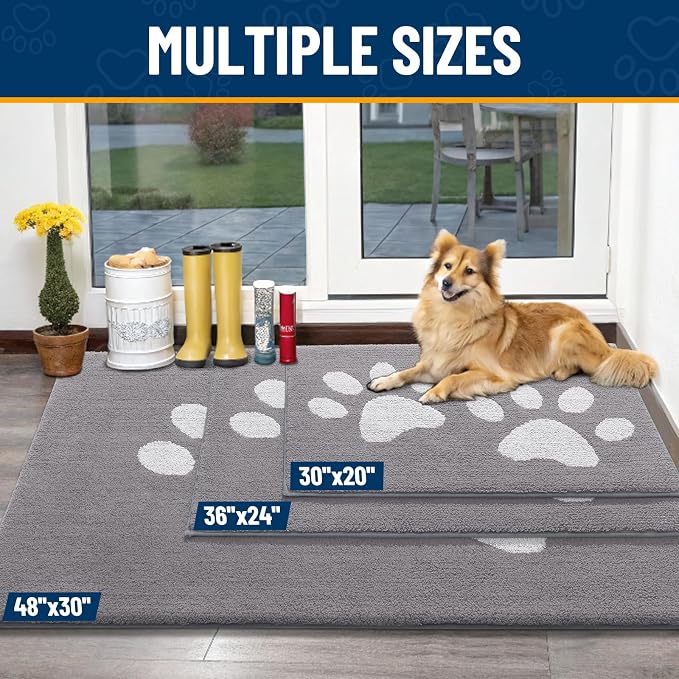 Smiry Dog Door Mat for Muddy Paws, Absorbs Moisture and Dirt, Low-Profile Entryway Mat with Non-Slip Backing, Entry Indoor Outdoor Doormat for Inside Floor (40x32 Inches, Light Grey, Paw)