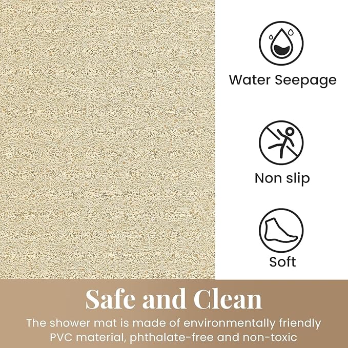 Shower Mat Bathtub Mat Non-Slip,47x16 inch, Soft Tub Mat with Drain,PVC Loofah Bath Mat (Phthalate Free) for Tub and Bathroom,Quick Drying,Khaki