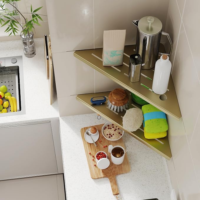 2 Pack Gold Corner Shower Shelves, 304 Stainless Steel Corner Wall Mounted Bathroom Organizer Caddy with Razor Slot, 10’’ Rust-Proof Floating Shelf for Shower Storage (Fits 90° Tile Walls,Holds 15lbs)