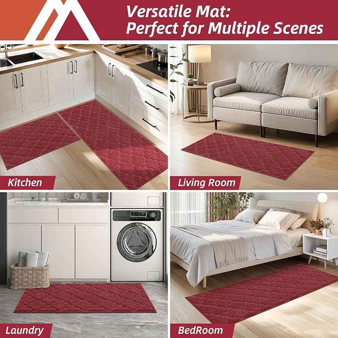 COSY HOMEER Soft Kitchen Rugs [2 PCS] for in Front of Sink Super Absorbent Kitchen Floor Mats and Mats 24x35 Inch/24X60 Non-Skid Kitchen Mat Standing Mat Washable,Polyester,Red