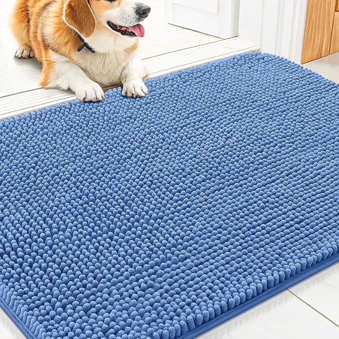Smiry Dog Door Mat for Muddy Paws 30x20, Absorbent Dirt Trapper, Non-Slip Washable Chenille Entryway Rug for Inside Floor, Cornflower Blue, Classic Solid