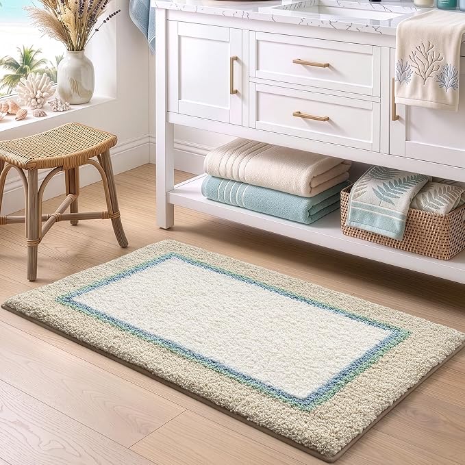 DEXI Bathroom Rugs 24x16, Absorbent Extra Soft Plush Microfiber Bath Mat for Bathroom, Non Slip Washable Bathmat Quick Dry for Shower Floor, Sink, Tub, Laundry Room, Beige and White