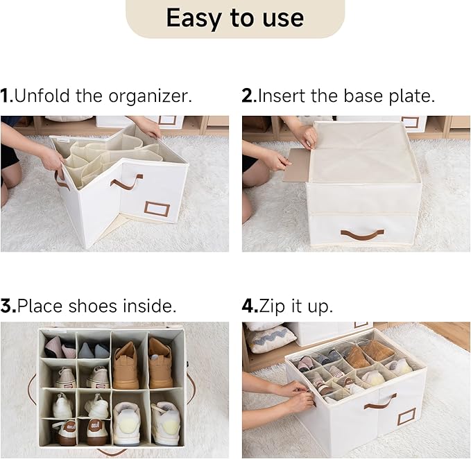 StorageWorks Shoe Organizer for Closet, 2 Pack Shoe Storage Boxes with Clear Lid, Stackable Shoe Storage Organizer for Sandals and Slippers, Fabric Shoe Bins for Closet, Holds 16–32 Pairs, Beige