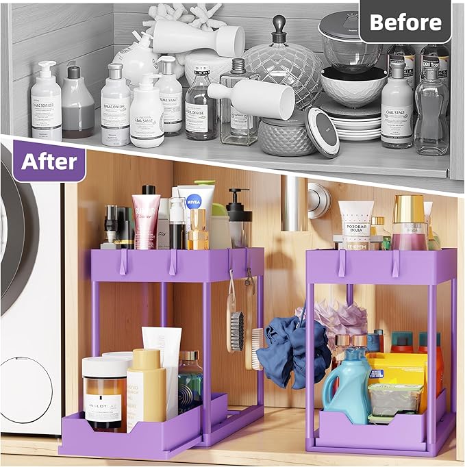 Simple Trending Under Sink Organizer 2 Pack, Sink Pull-Out Sliding Storage Cabinet, 2-Tier Under Shelf Organizer for Kitchen Bathroom, Purple